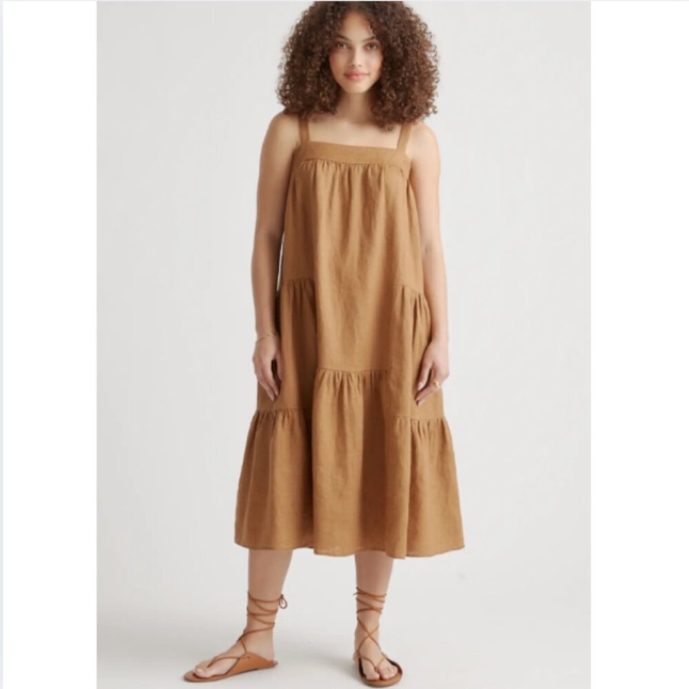 Quince 100% Linen Tiered Trapeze Midi Dress Golden Brown Medium